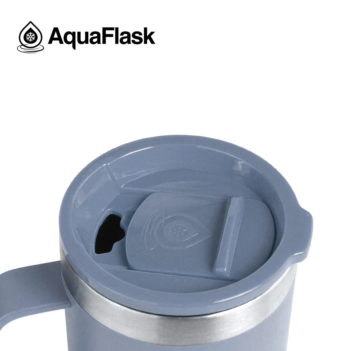 AquaFlask 14oz slate gray tumbler with handle and secure sliding lid