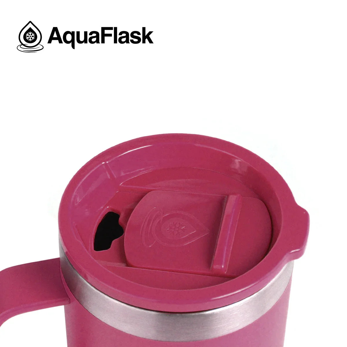 AquaFlask 14oz plum insulated mug with lid and handle on a white background.