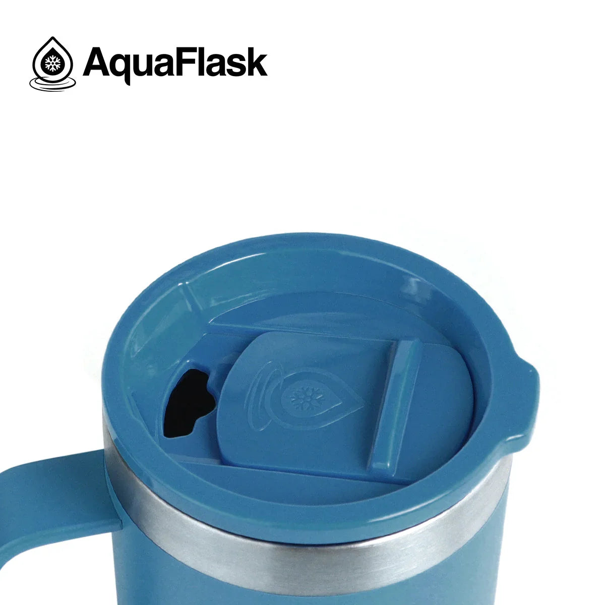 14oz teal AquaFlask insulated tumbler with lid and handle, closeup product photo