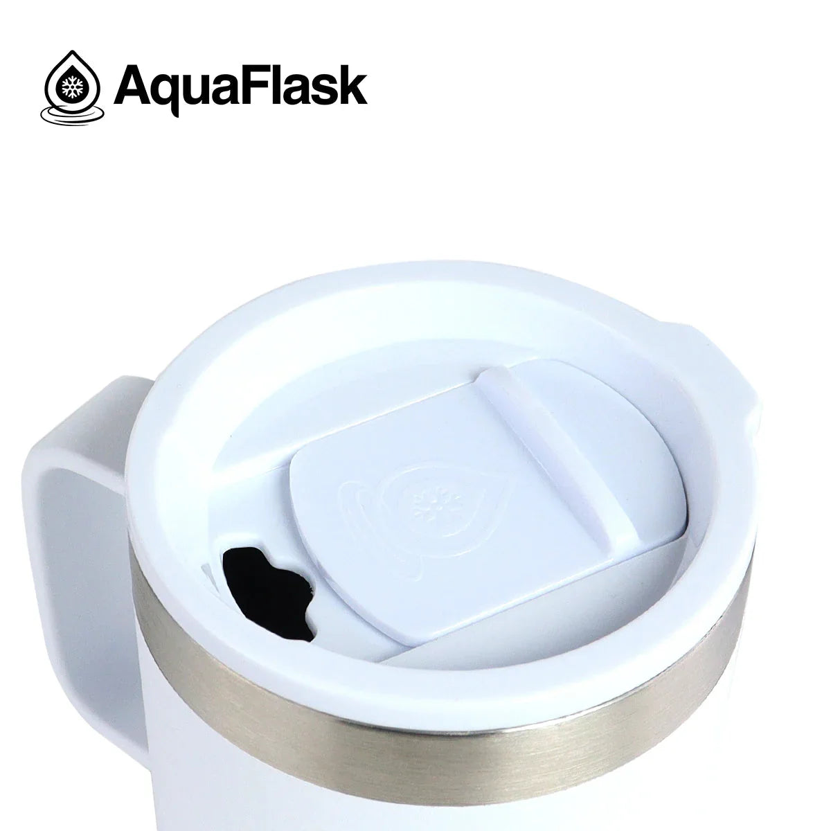 AquaFlask white tumbler lid with handle and logo, stainless steel rim, close-up.