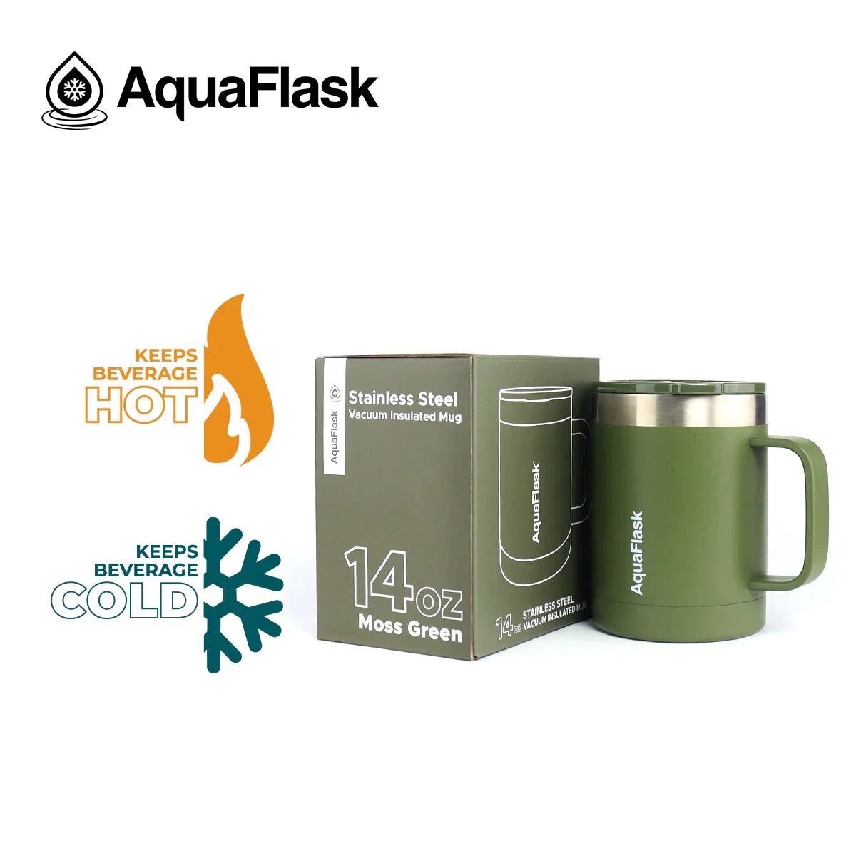 AquaFlask 14oz moss green stainless steel vacuum insulated mug with box on white background.
