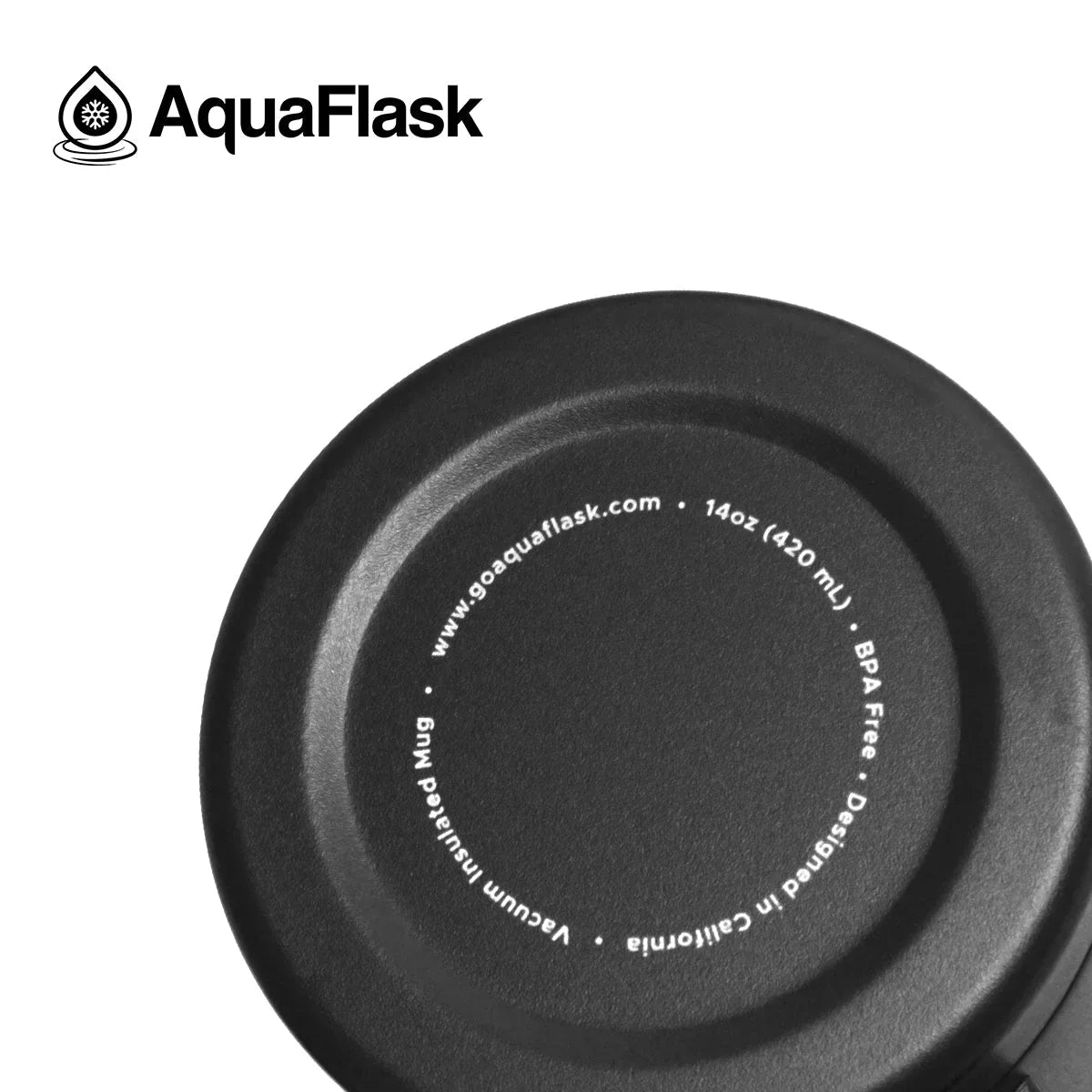 AquaFlask black 14oz BPA-free vacuum insulated mug bottom with logo and website