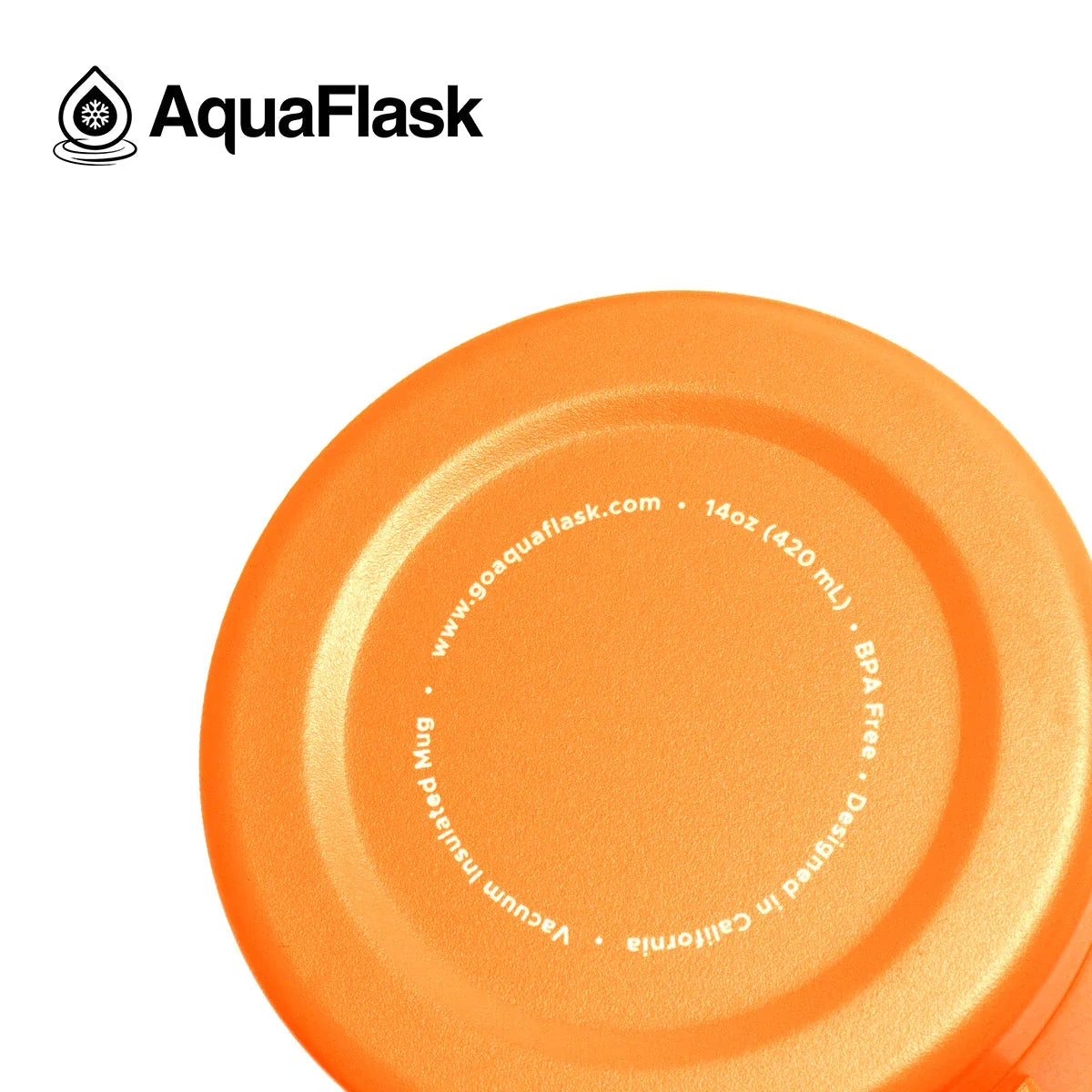 AquaFlask 14oz apricot orange vacuum insulated mug base with logo and product specs.