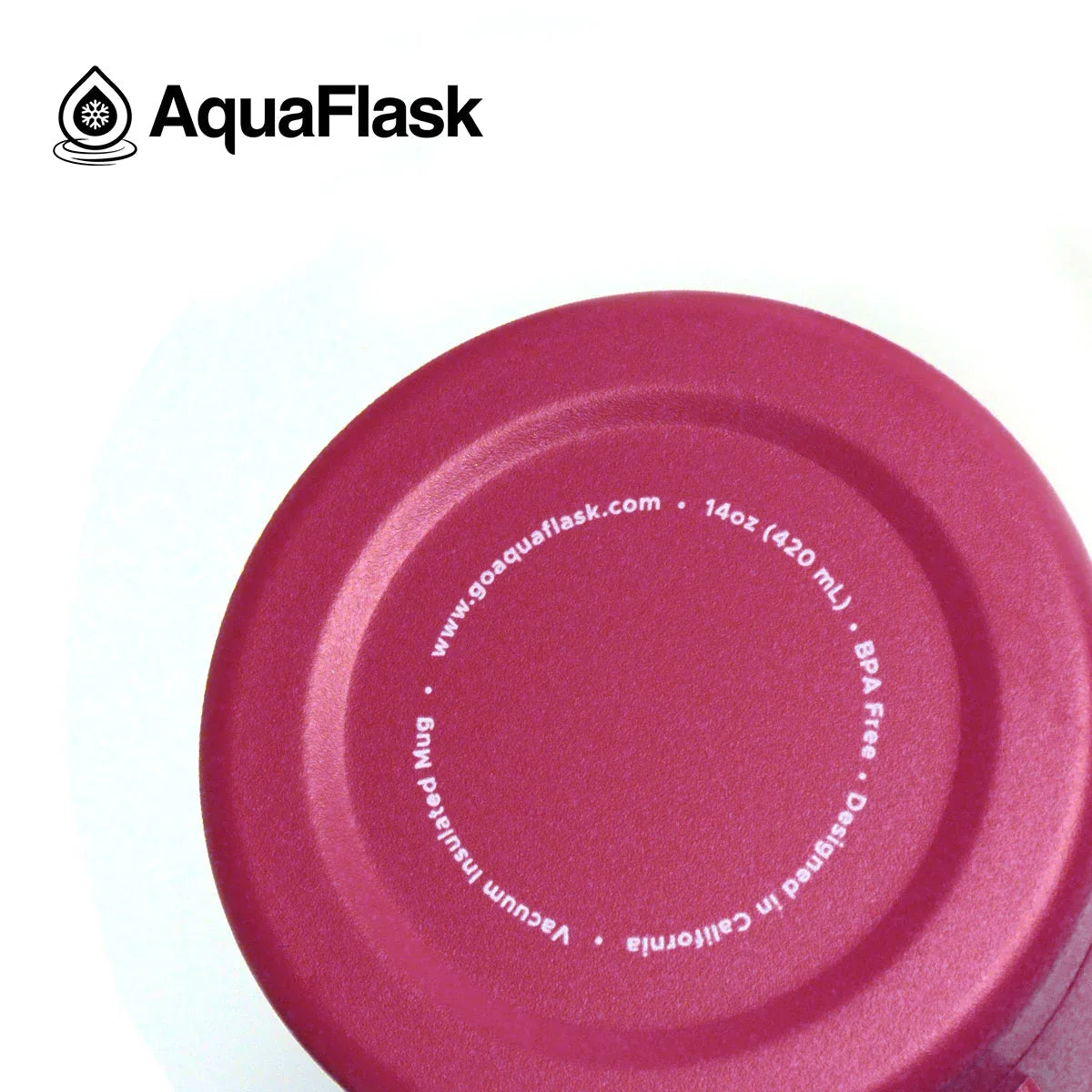 AquaFlask plum 14oz vacuum insulated mug base with branding and BPA free label on white background