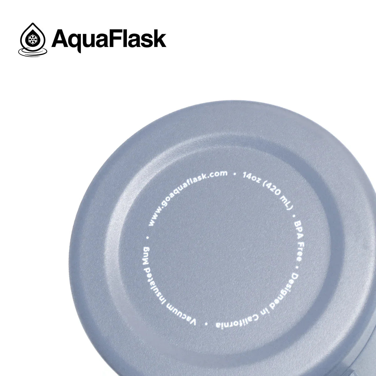 AquaFlask logo and bottom of slate gray 14oz vacuum insulated mug with BPA-free label