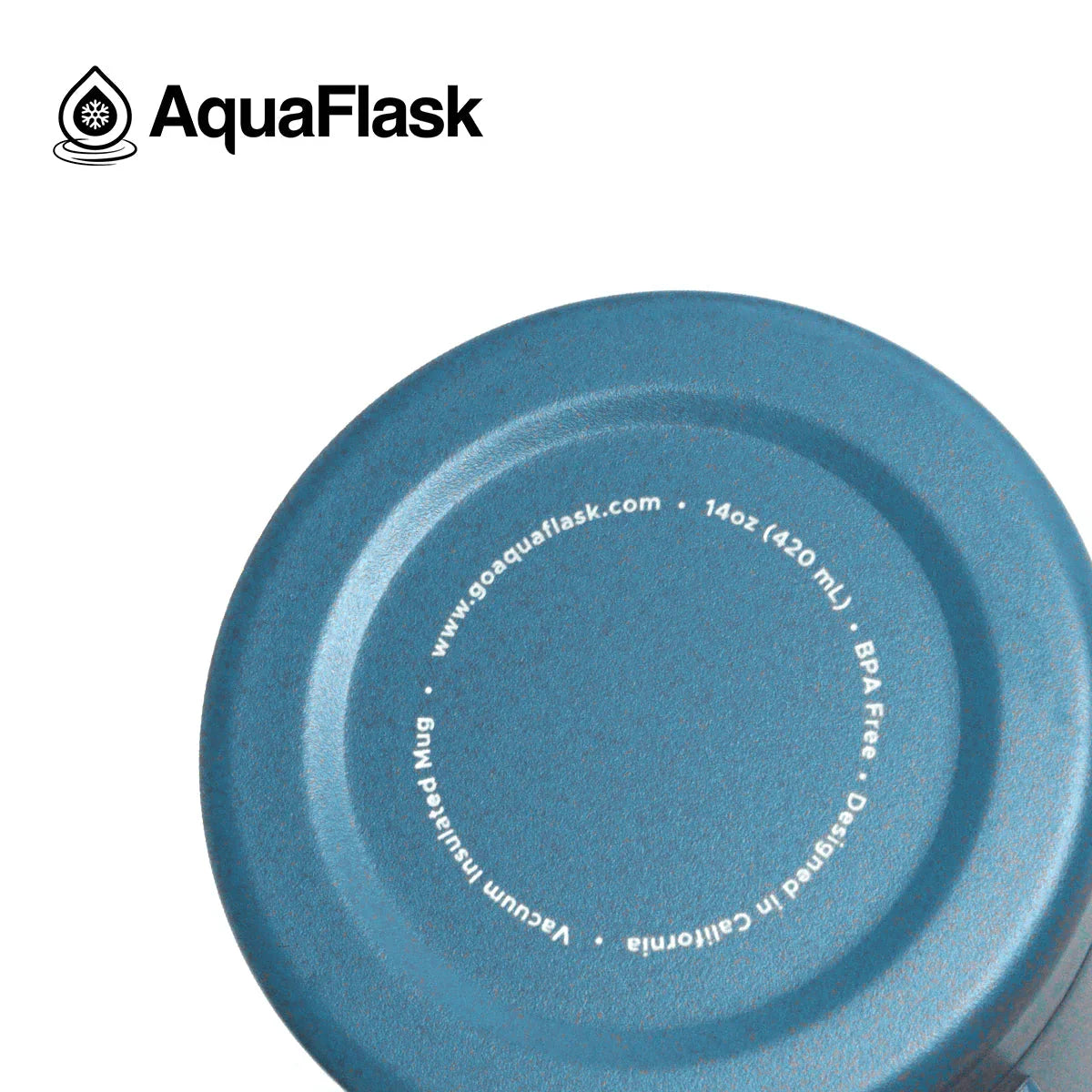 AquaFlask 14oz teal vacuum insulated mug with BPA free label and logo close-up