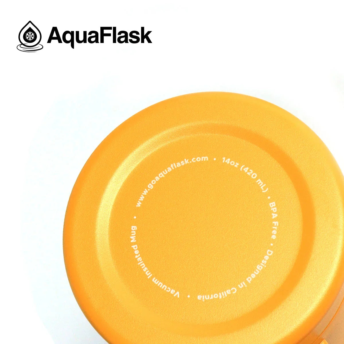 Bottom of 14oz yellow AquaFlask vacuum insulated mug with logo on white background