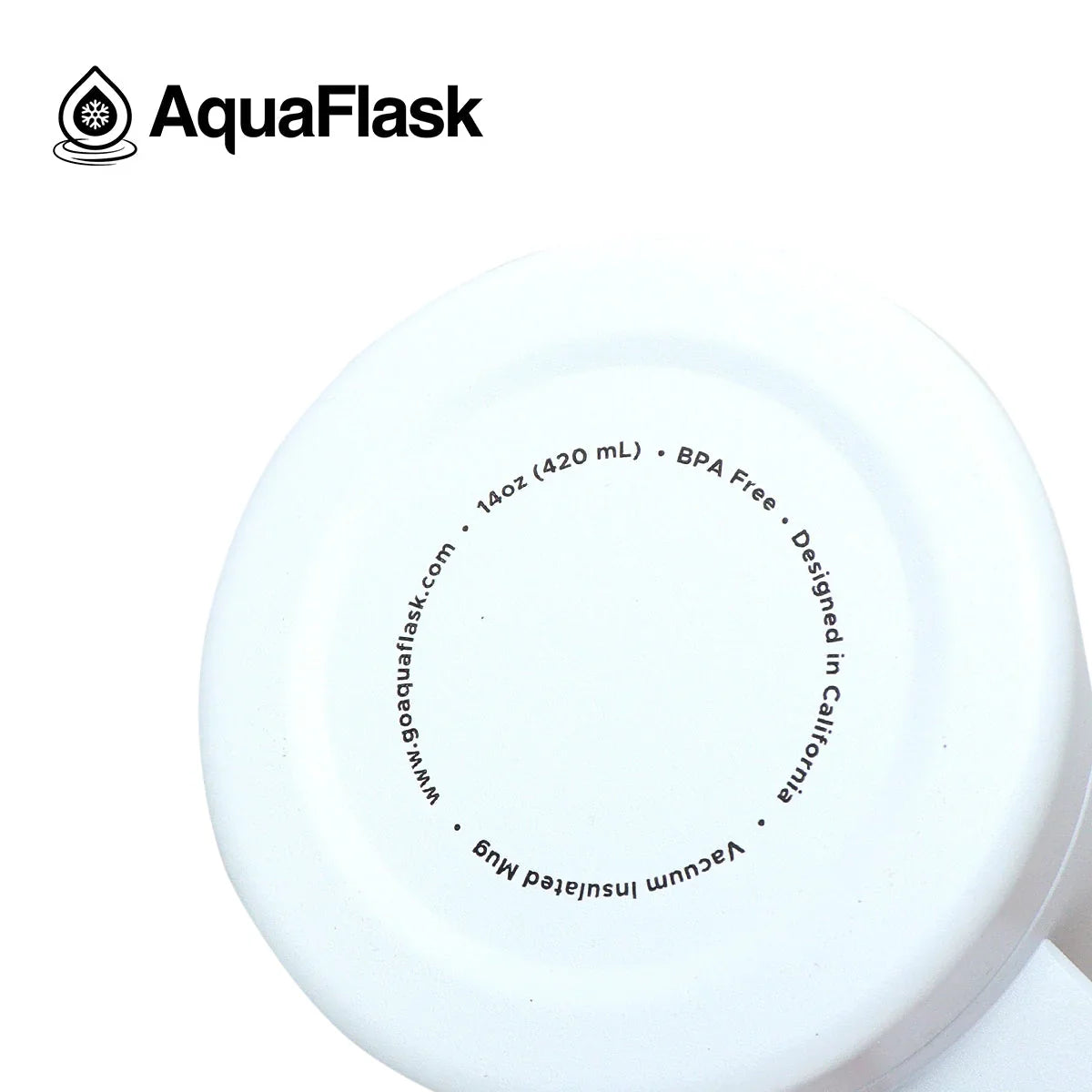 AquaFlask white vacuum insulated mug 14oz BPA free base with branding and product info