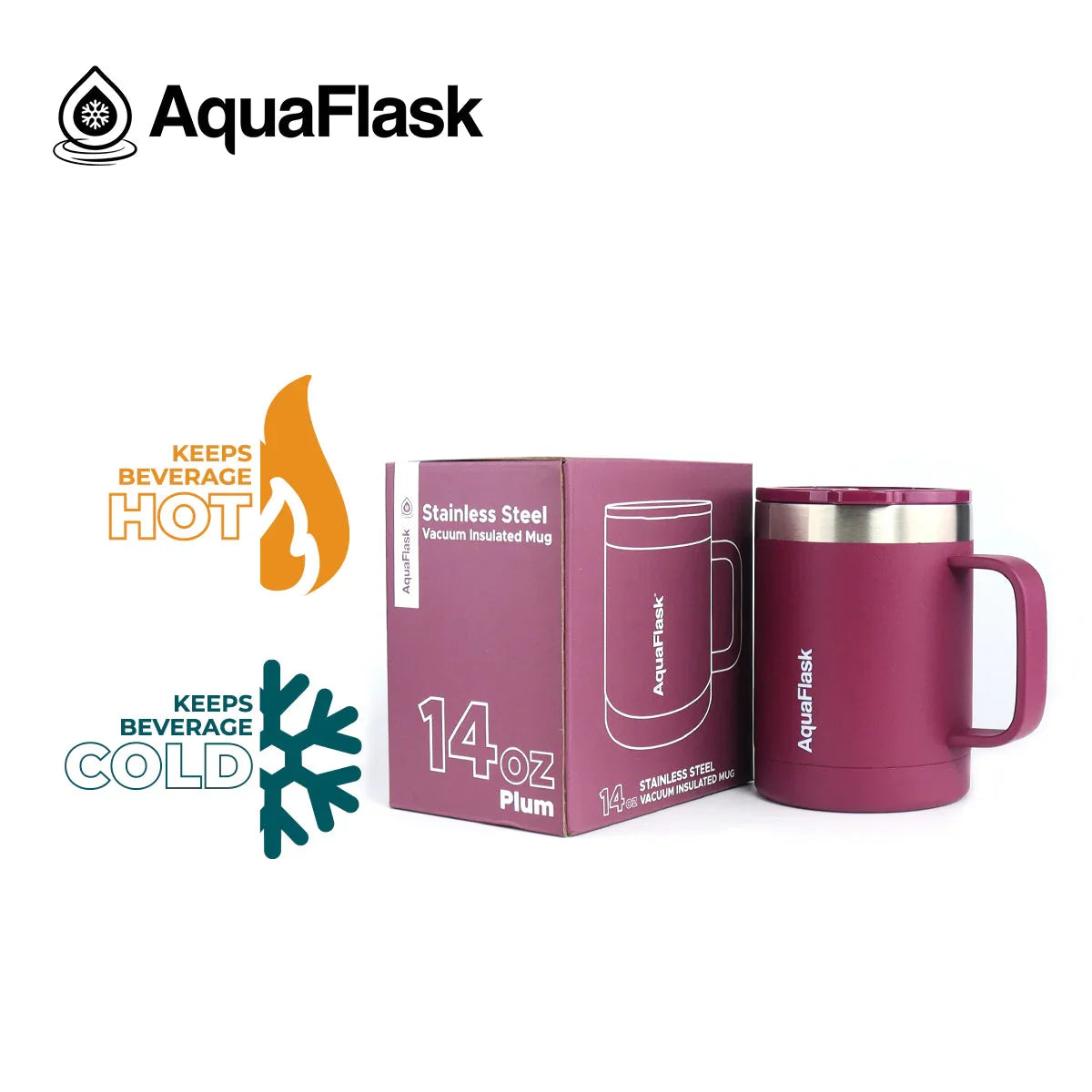 AquaFlask 14oz plum stainless steel vacuum insulated mug and box, keeps drinks hot or cold.