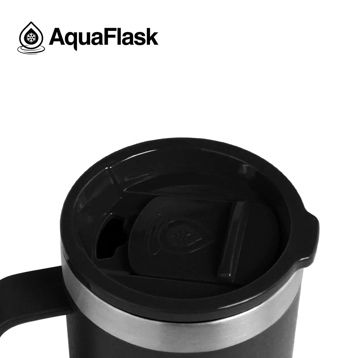 AquaFlask 14oz jet black insulated tumbler with handle and logo on white background