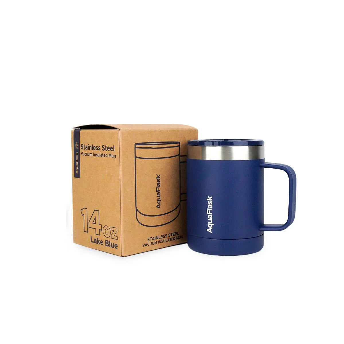 AquaFlask 14oz lake blue stainless steel vacuum insulated mug with box