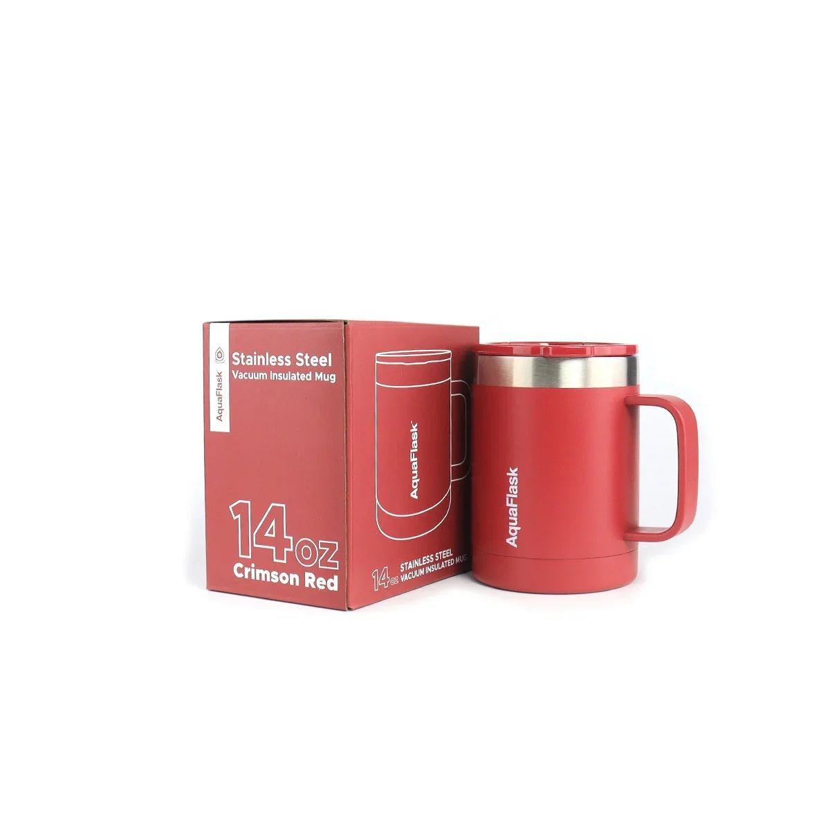 AquaFlask 14oz crimson red stainless steel vacuum insulated mug with matching box