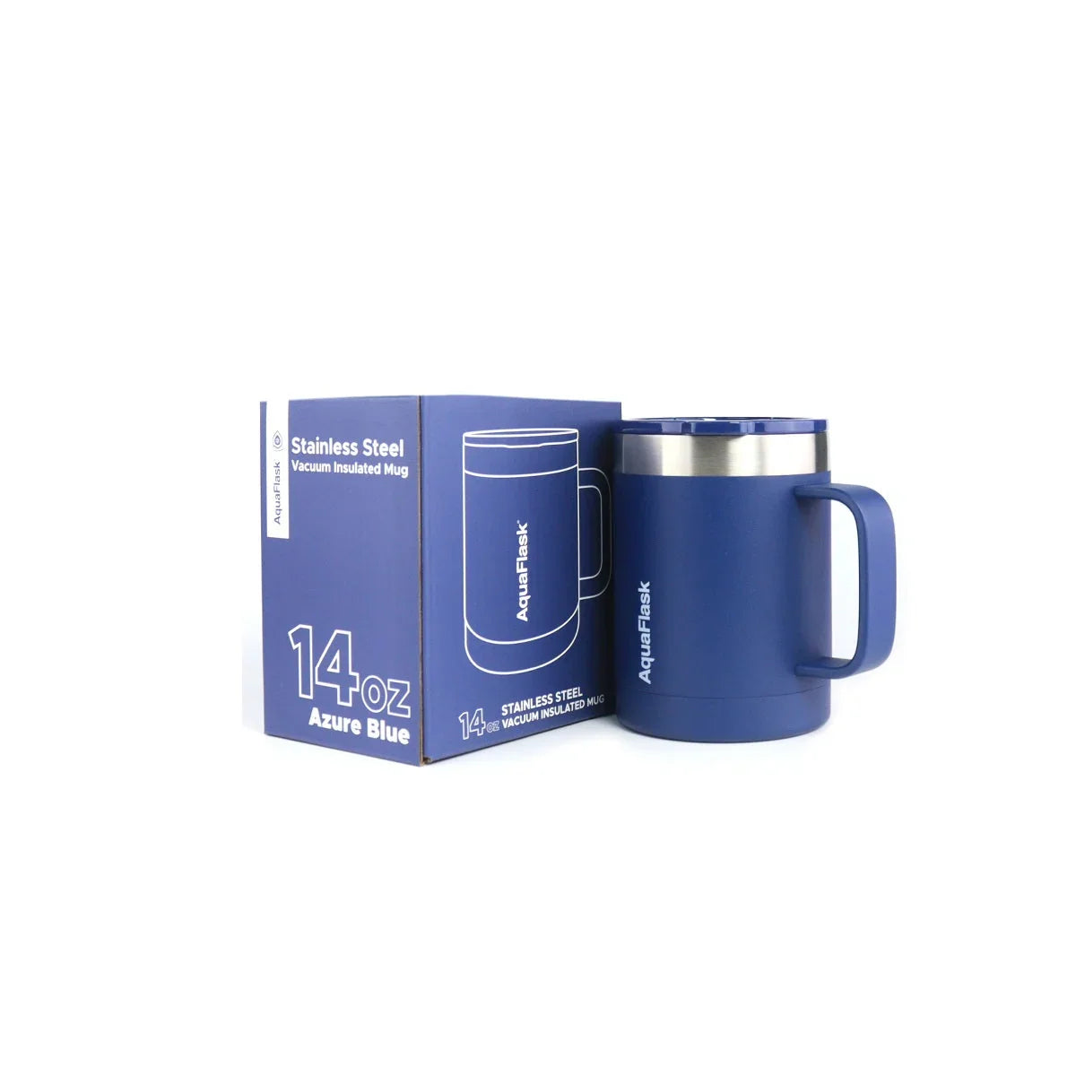 AquaFlask 14oz azure blue stainless steel vacuum insulated mug with packaging box