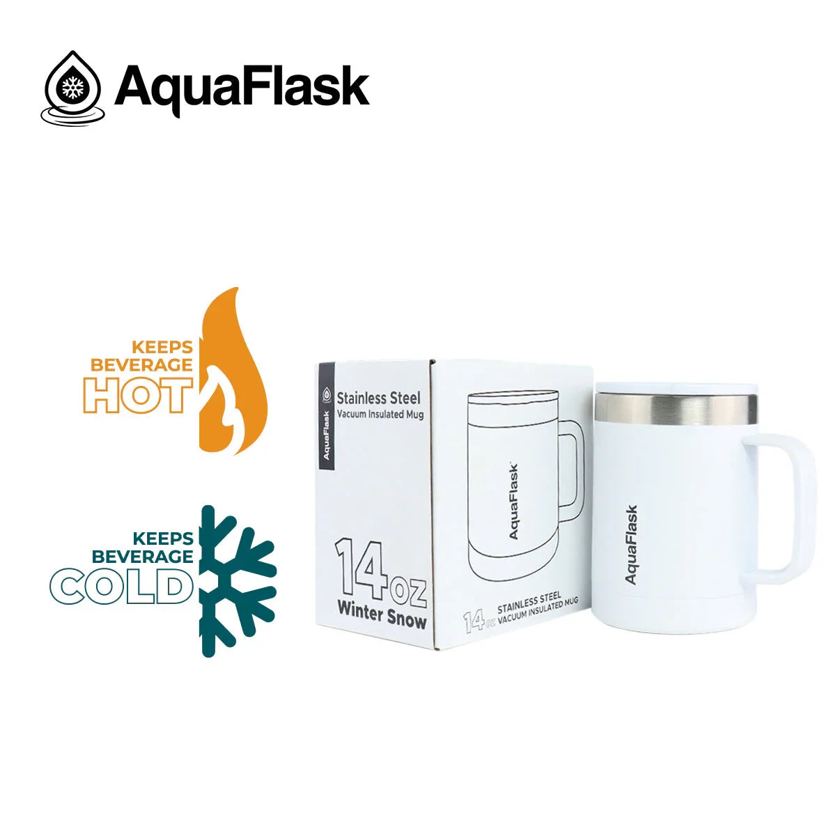 AquaFlask 14oz Winter Snow stainless steel vacuum insulated mug with box, keeps drinks hot or cold.