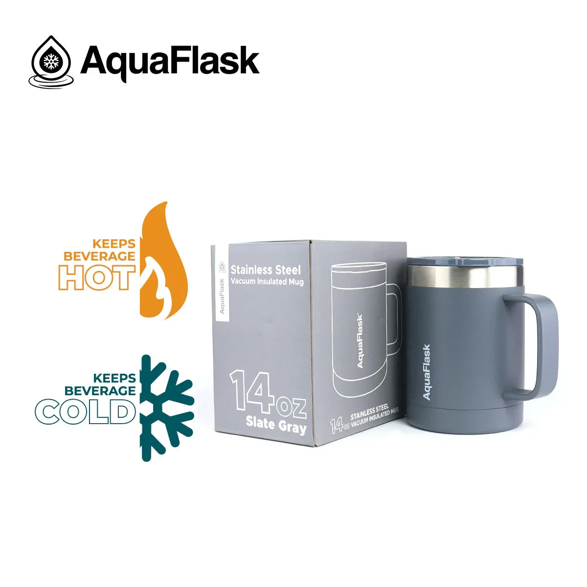 AquaFlask 14oz slate gray stainless steel vacuum insulated mug with box, keeps drinks hot or cold.