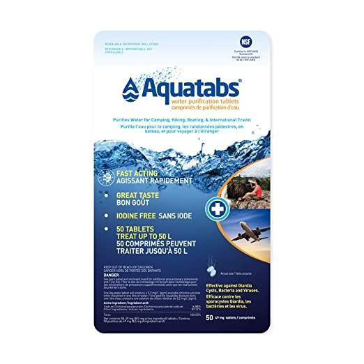 Aquatabs water purification tablets 50-pack packaging with blue mountain water design