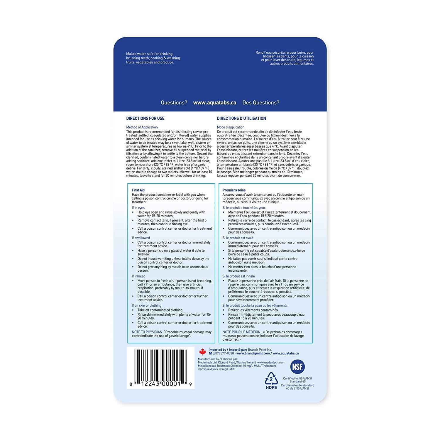 Aquatabs water purification tablets 50 pack, back packaging with usage directions and safety info