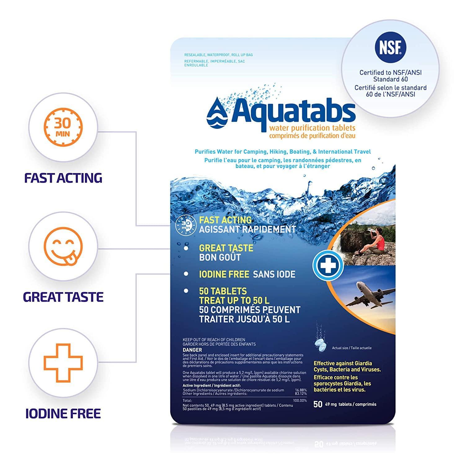 Aquatabs water purification tablets 50-pack for camping, fast acting, iodine free, NSF certified