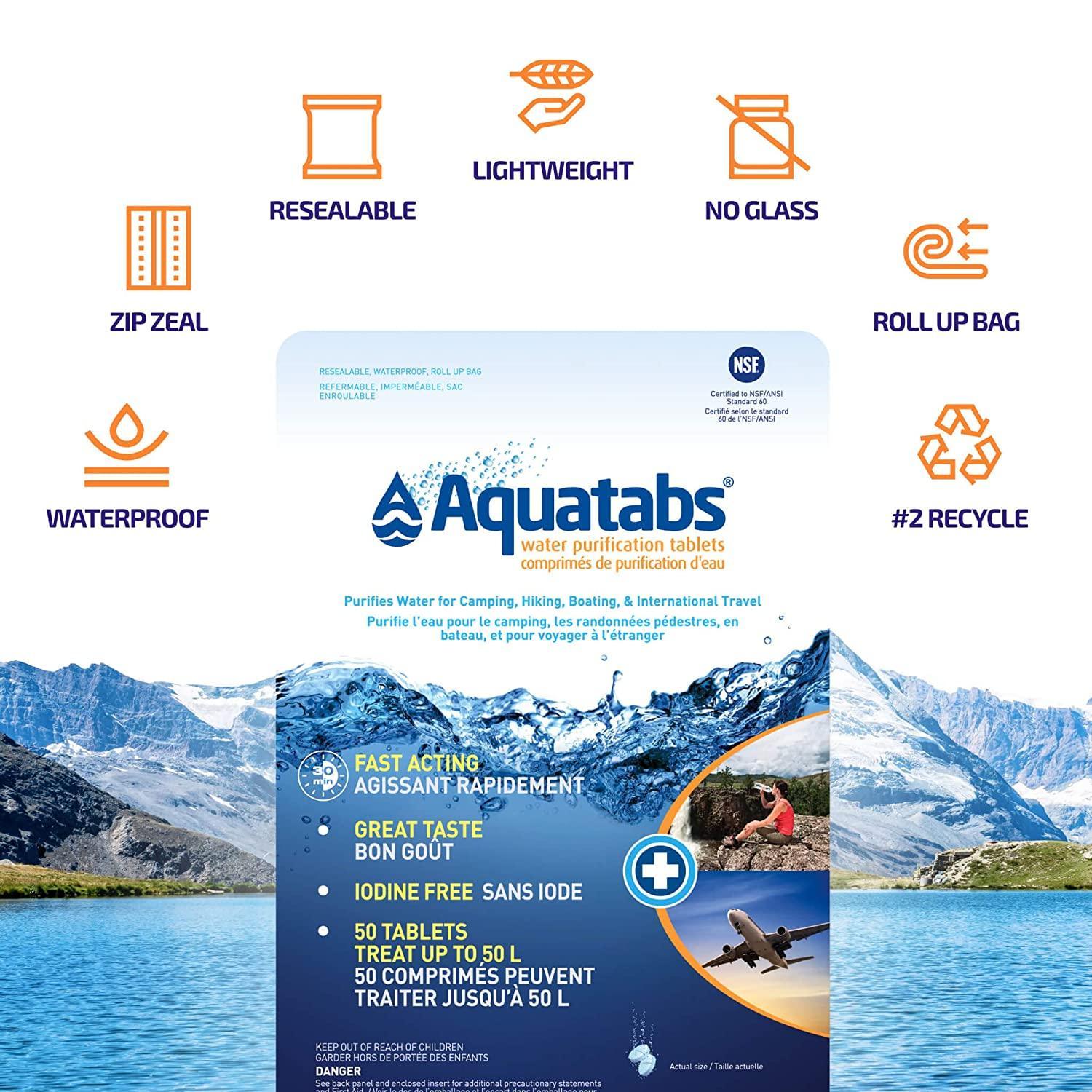 Aquatabs water purification tablets pack with waterproof, lightweight, resealable features, mountain lake background