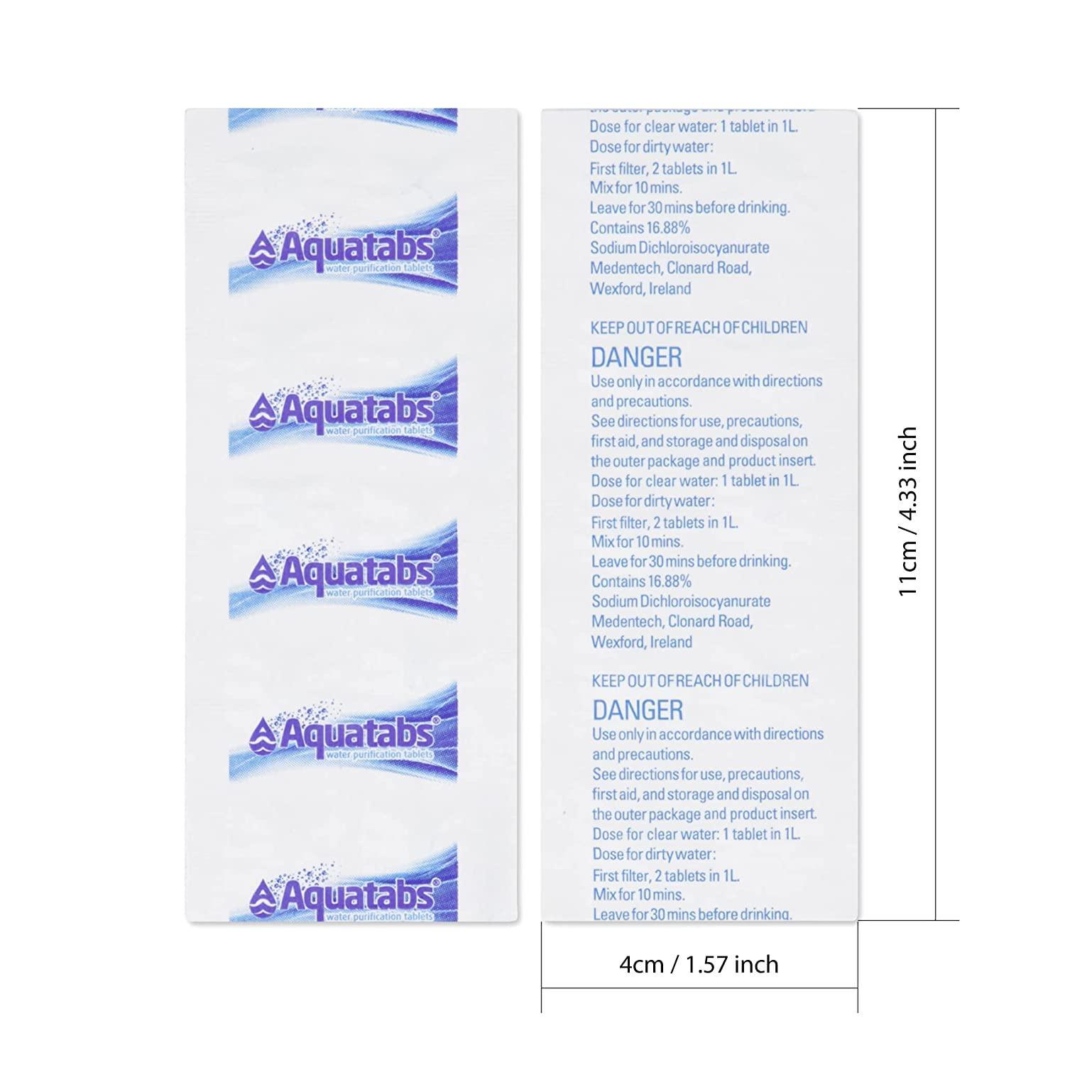 Aquatabs water purification tablets blister pack with usage and safety instructions.
