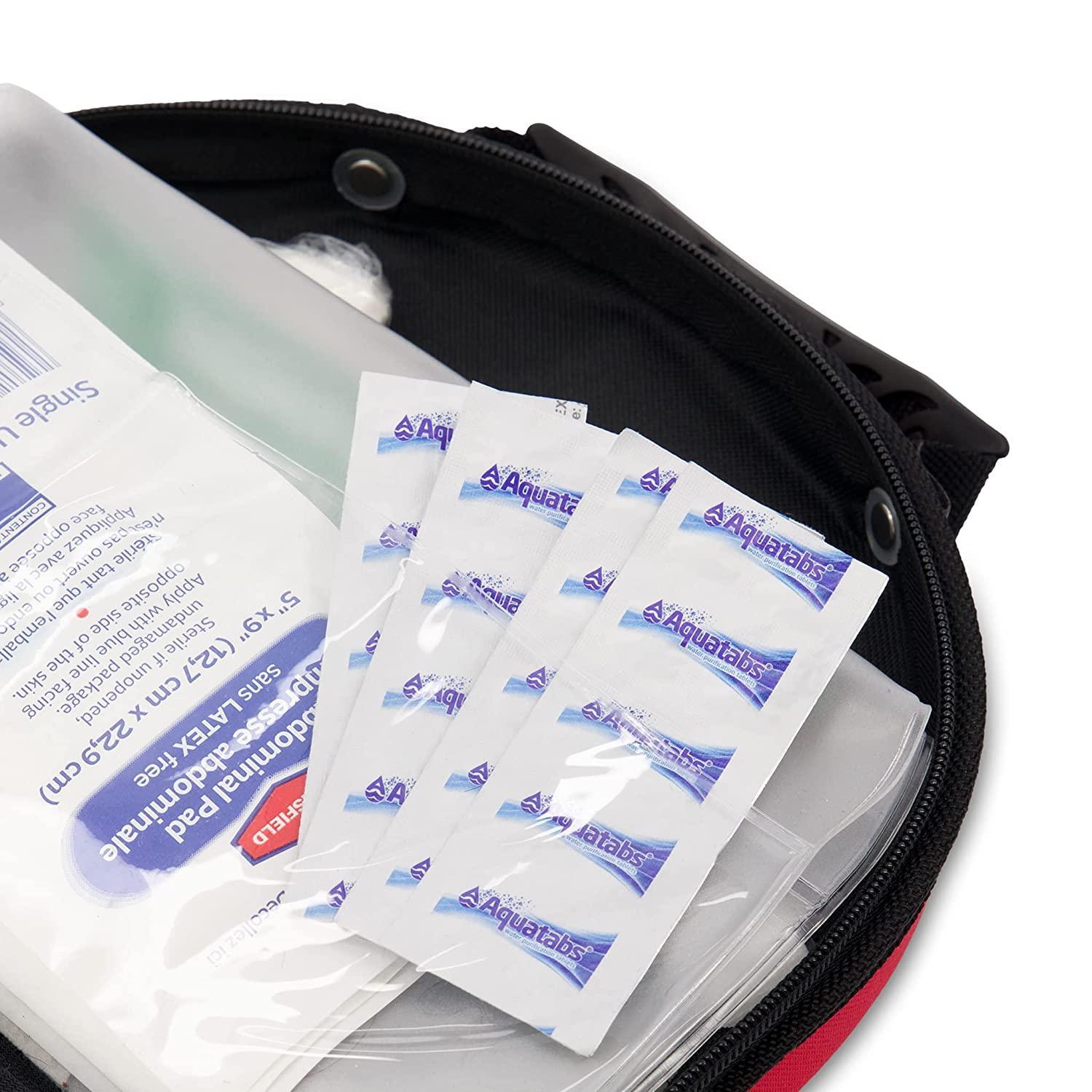 Aquatabs water purification tablets in packets inside an outdoor gear bag