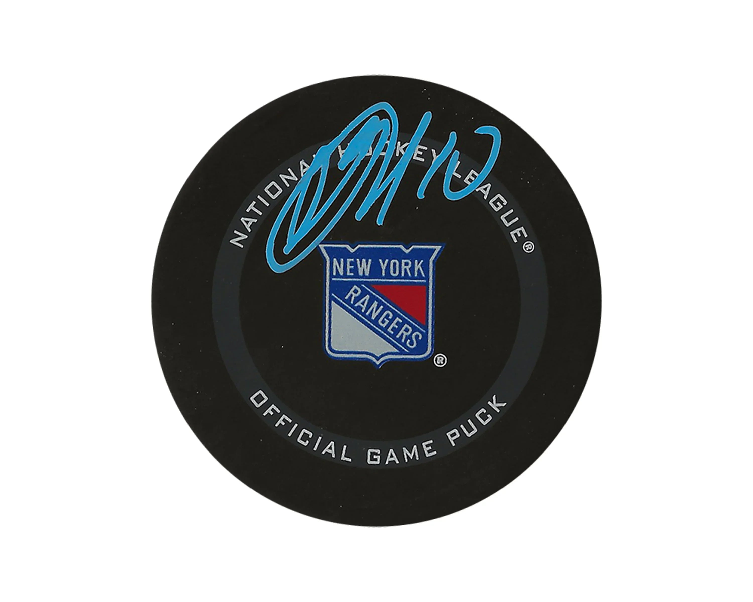 Signed New York Rangers NHL official game puck with blue autograph on top