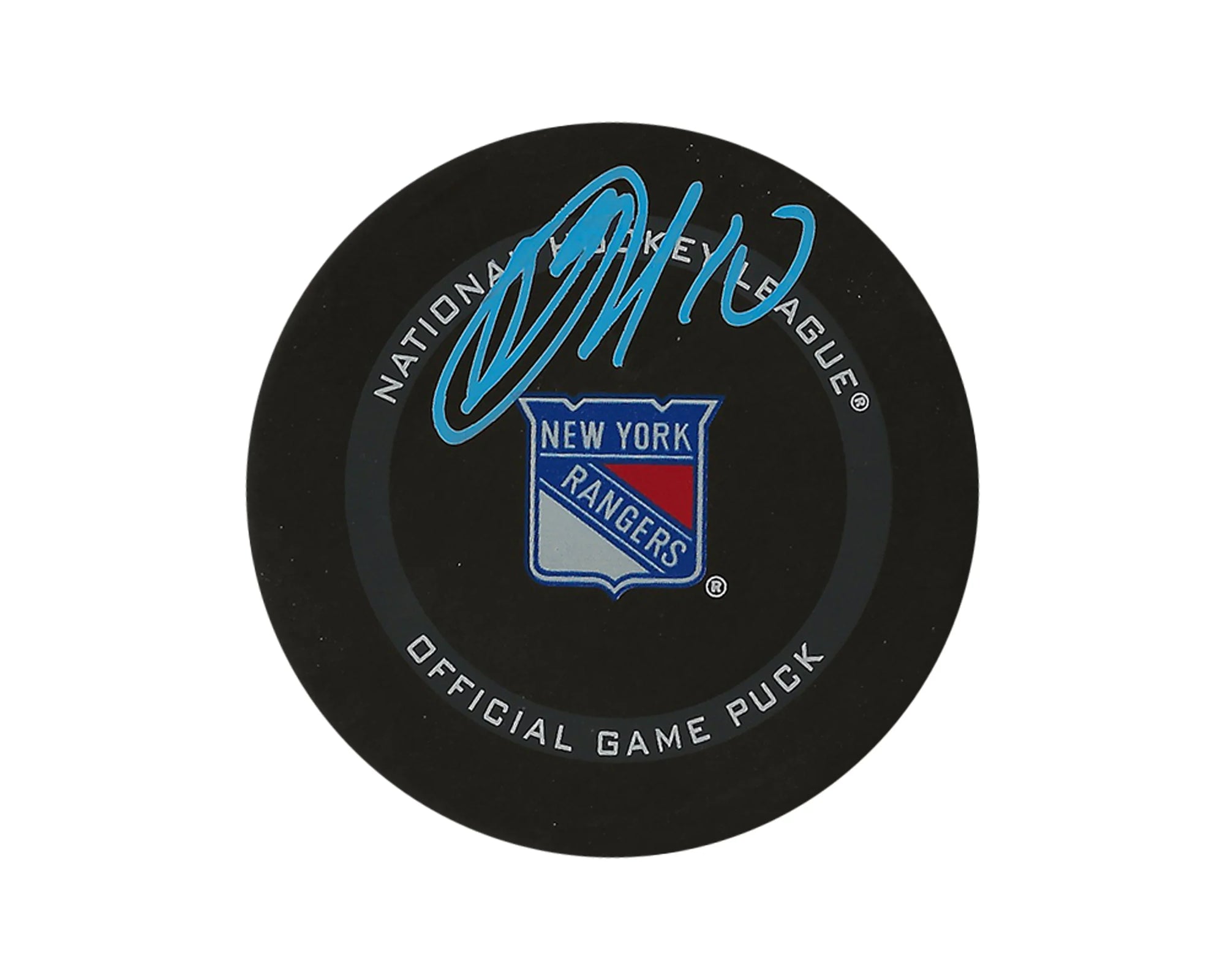 Signed New York Rangers NHL official game puck with blue autograph on top