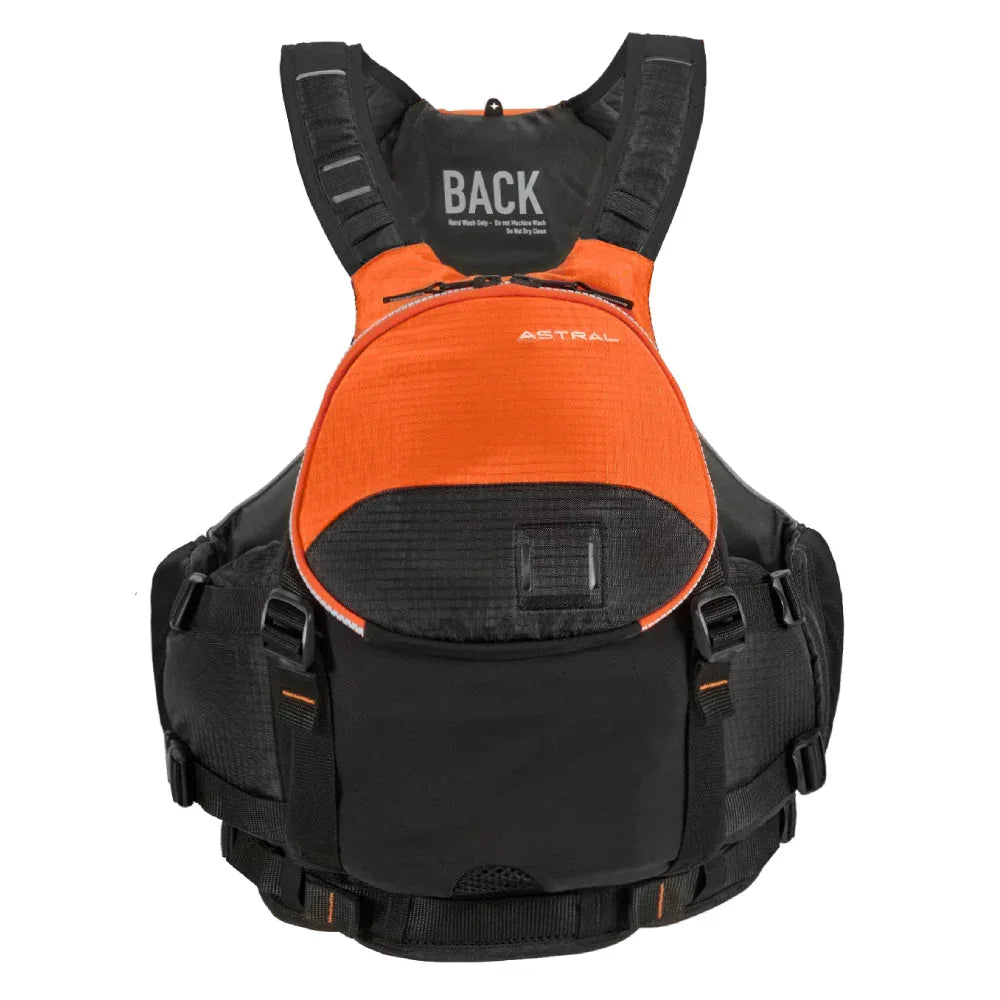 Astral orange and black life jacket with front pocket and adjustable straps