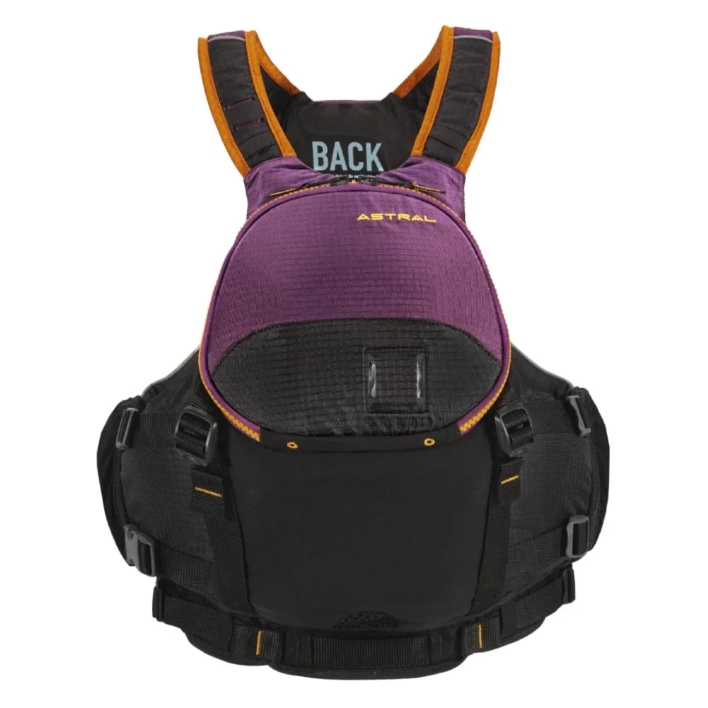 Astral Bowen purple and black life jacket front view, kayak and paddling PFD gear