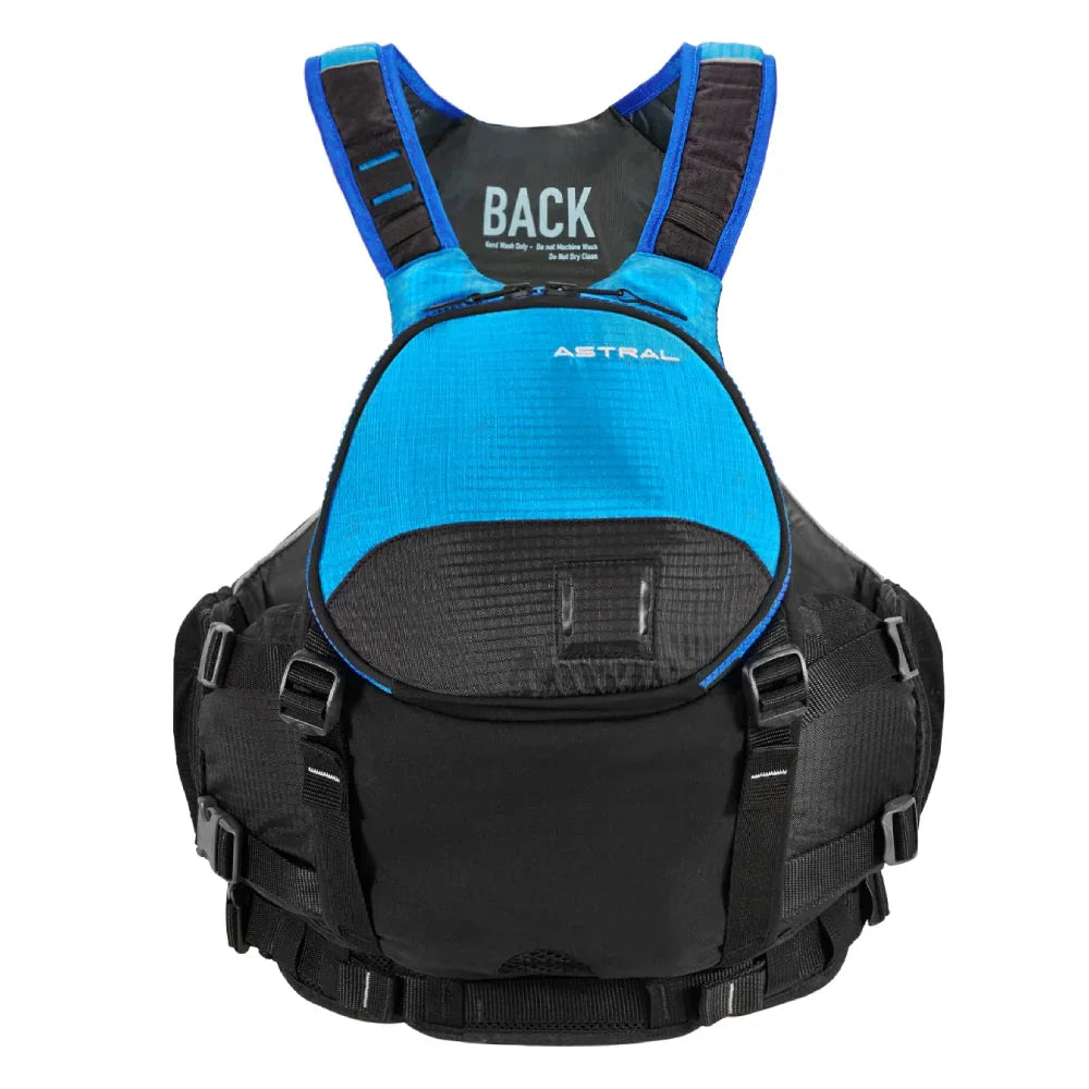 Astral Bowen blue and black life jacket with adjustable straps, front view