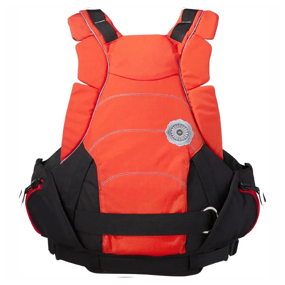Bright orange and black life jacket with shoulder straps and front safety emblem