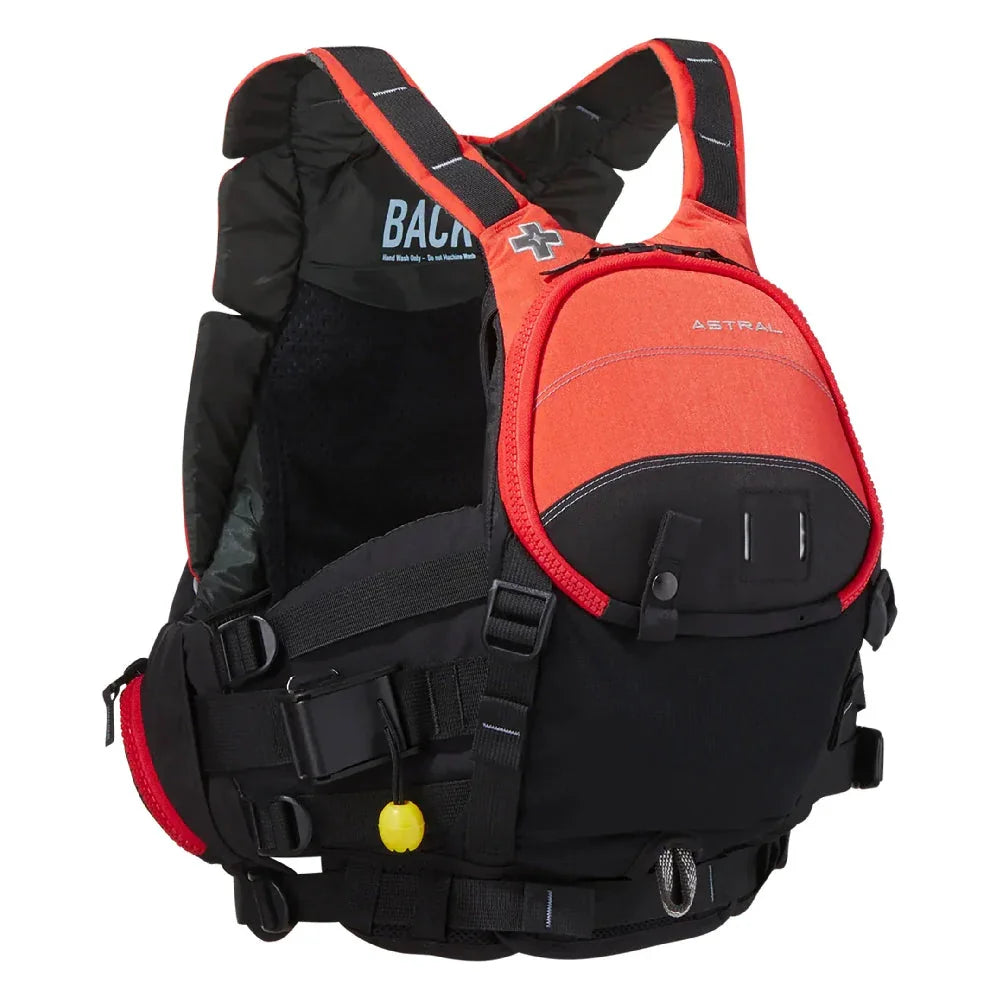 Orange and black Astral life jacket with multiple straps and pockets for kayaking safety