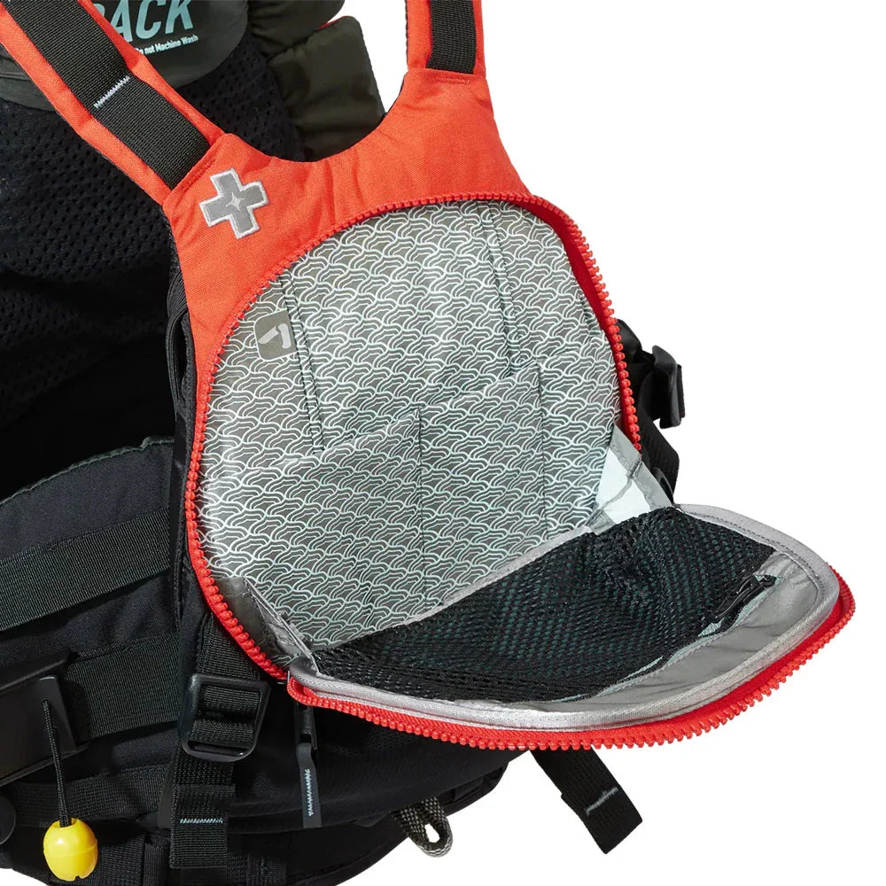 Open orange and gray rescue pack pocket with mesh pouch and safety cross symbol