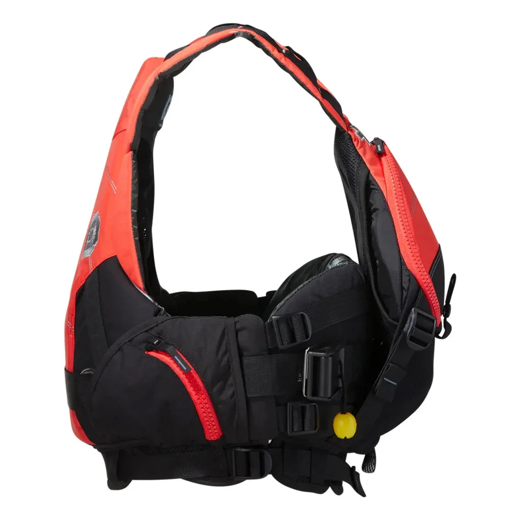 Orange and black kayaking life jacket with adjustable straps and zippered pockets