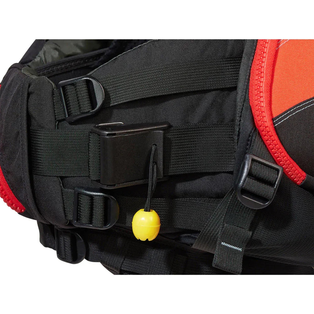 Closeup of black and orange life jacket with straps, buckles, and a yellow pull cord