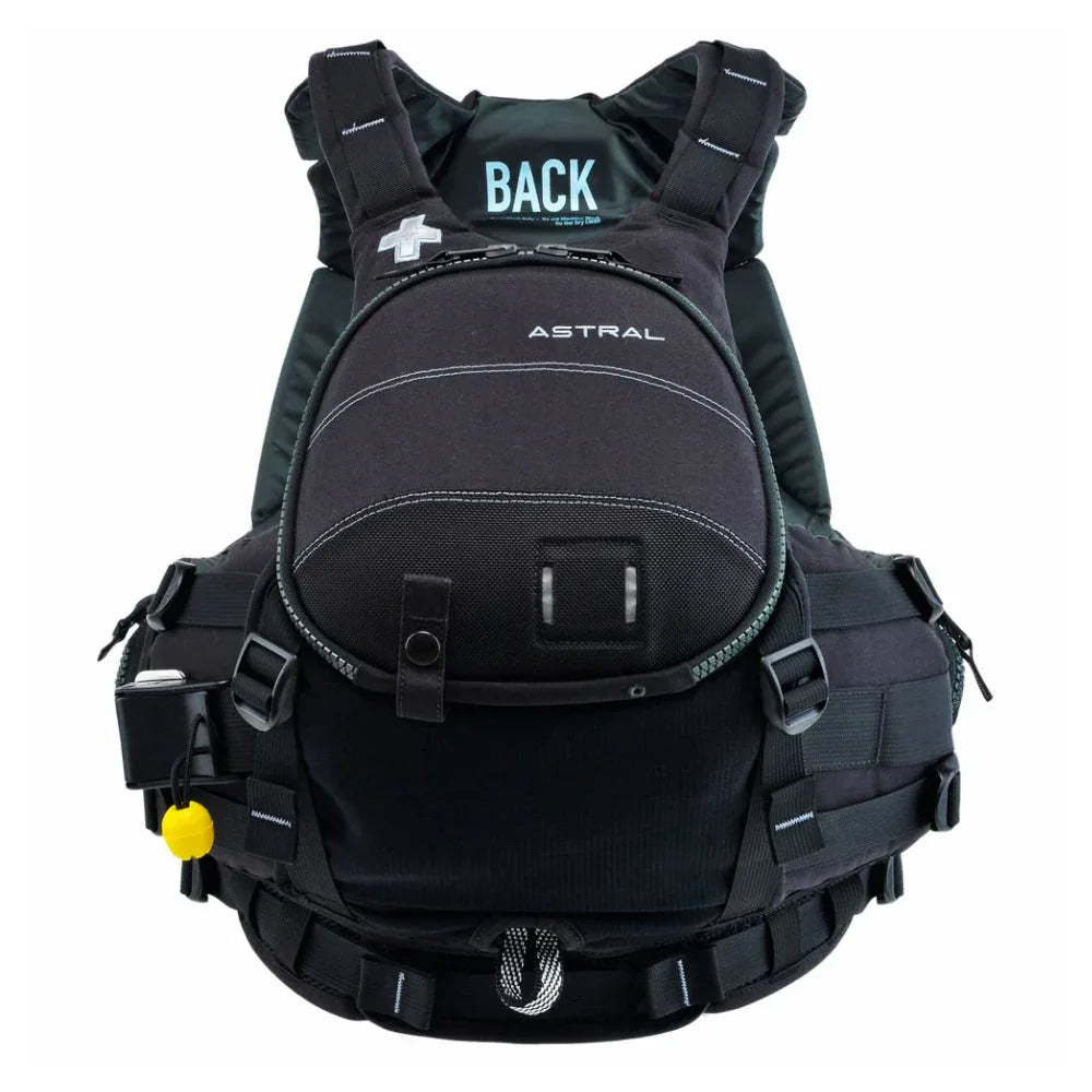 Black Astral life jacket with visible pockets, straps, and rescue features on white background