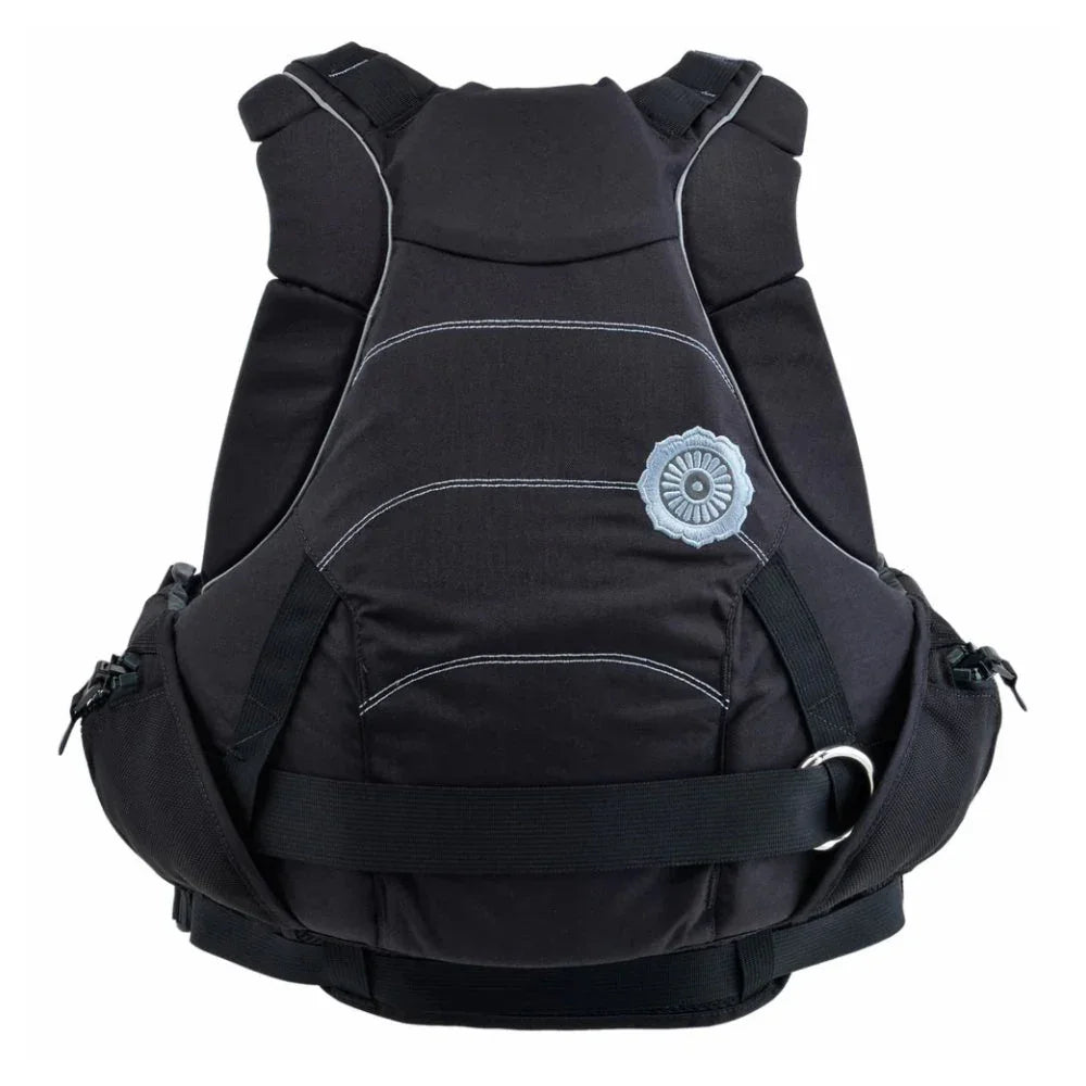 Black ergonomic vest with adjustable straps and a circular embroidered patch, product photo