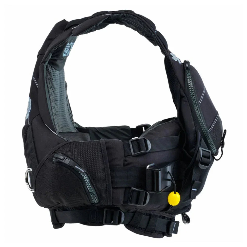 Black kayaking life jacket with multiple pockets, adjustable straps, and zipper details