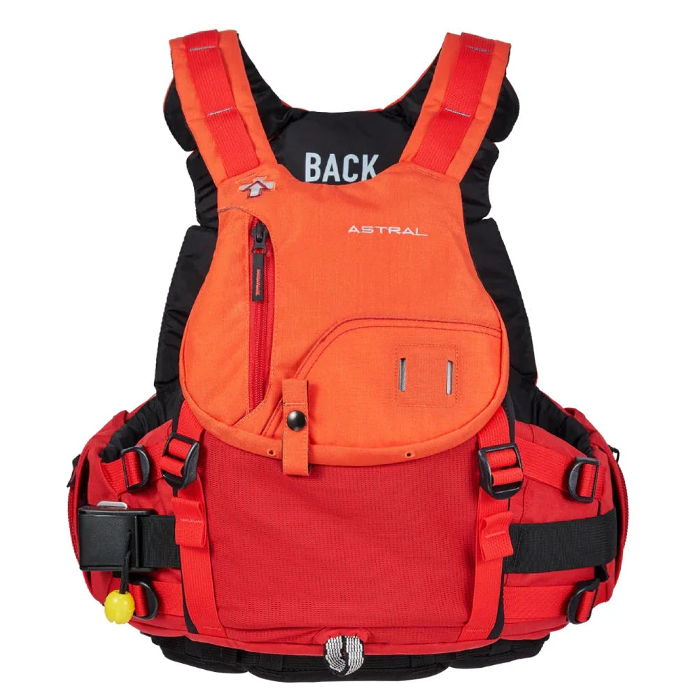 Red and orange Astral Indus life vest with front pockets and adjustable straps