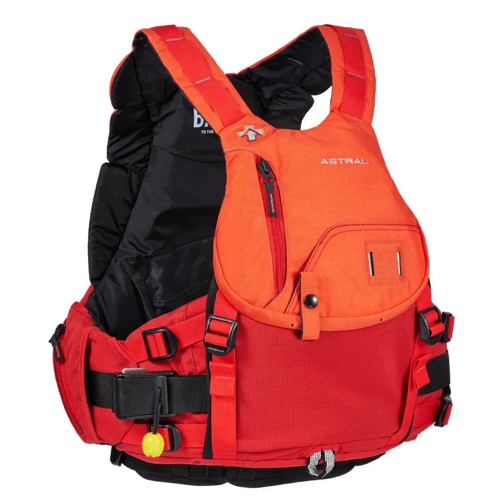 Red and orange Astral life jacket with front pockets and adjustable black straps