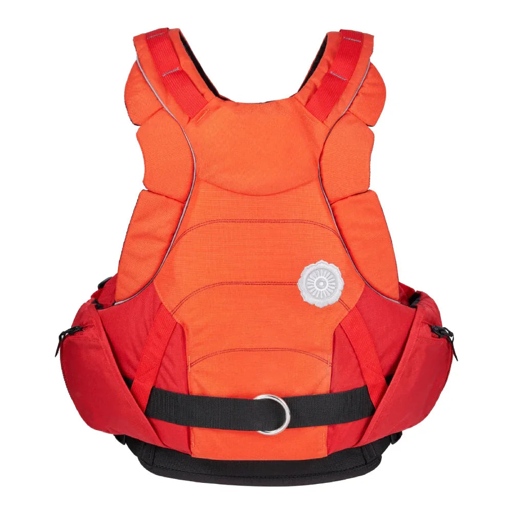 Red and orange Indus life vest with front buckle and reflective detailing