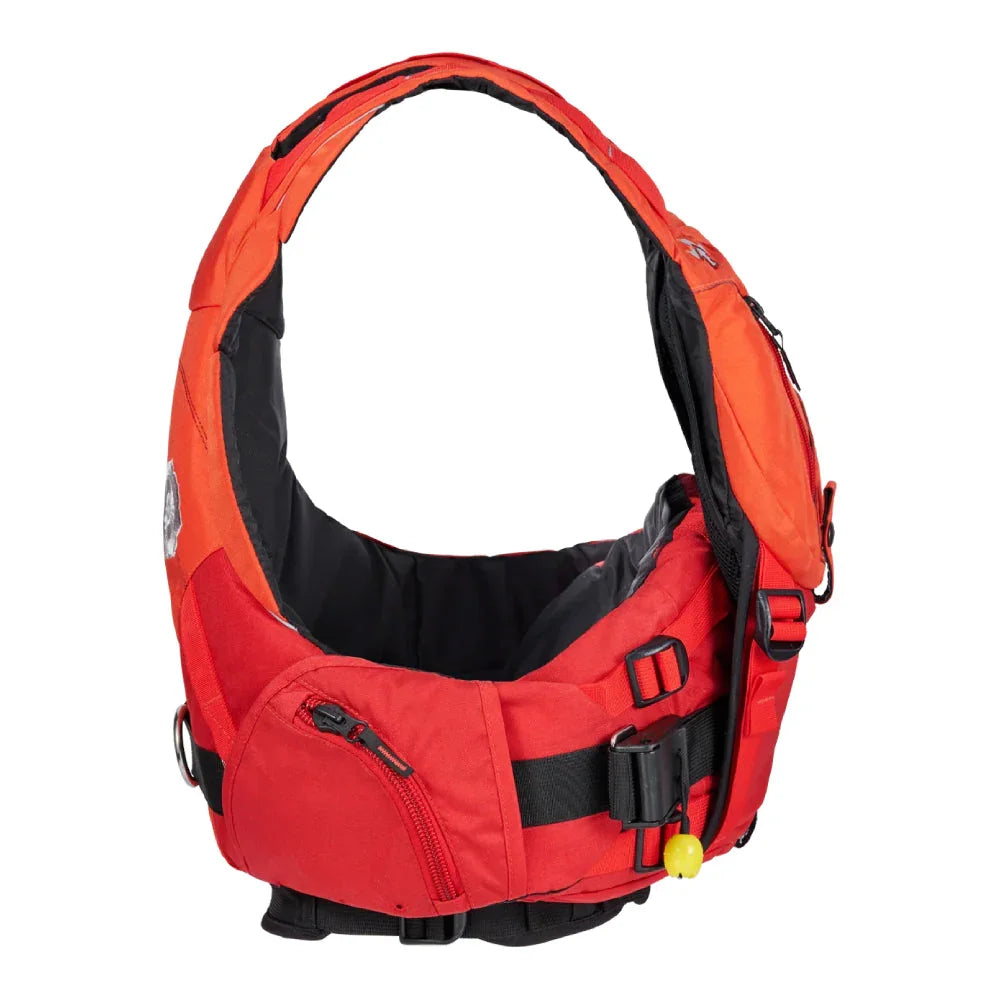 Red and orange Indus Lifevest with black straps and front pocket on white background