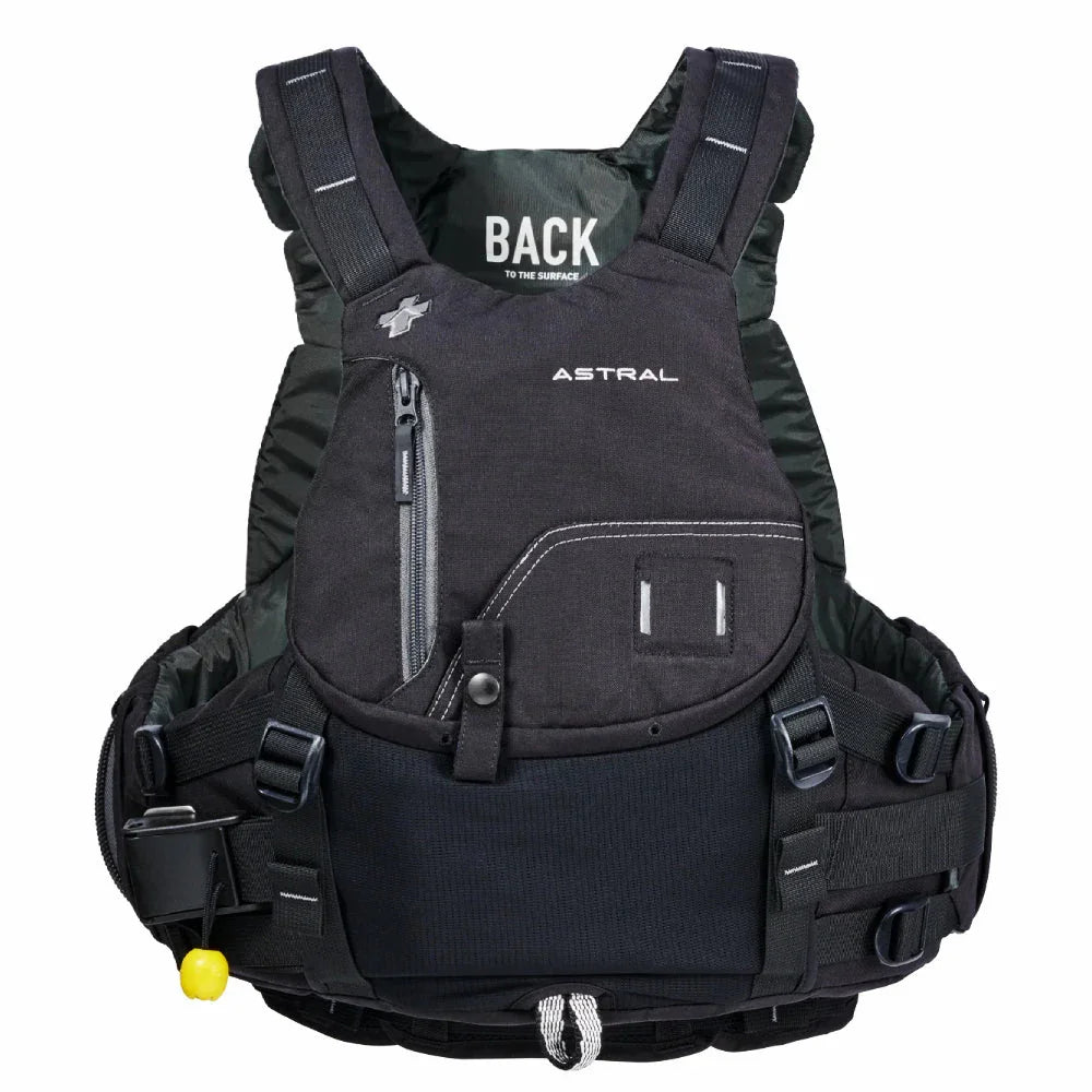 Black Astral Indus life vest, front view, with zippered pocket and adjustable straps
