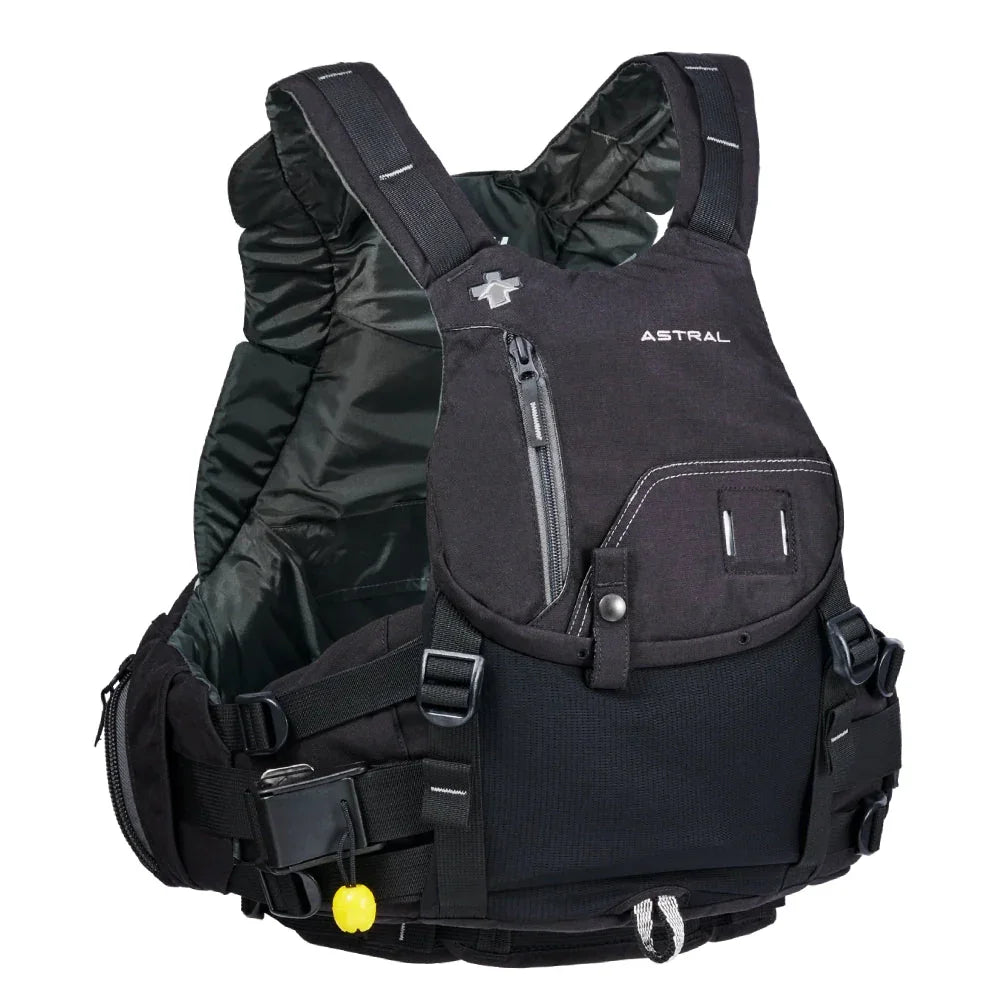 Space black Astral Indus life vest with multiple straps and front zip pocket on white background