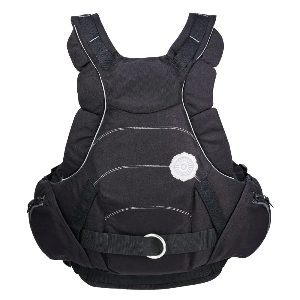Space black Indus life vest with white stitching, front buckle, and zippered side pockets