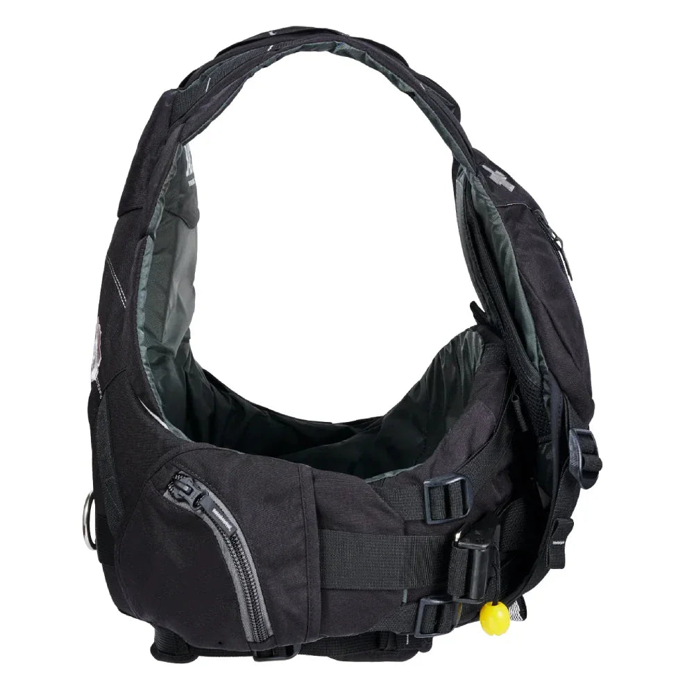 Space Black Indus Lifevest with straps, pockets, and yellow safety tab, isolated on white