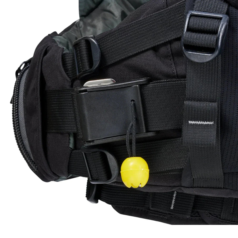 Close-up of black Indus Lifevest with secure buckle, webbing straps, and yellow safety pull tab