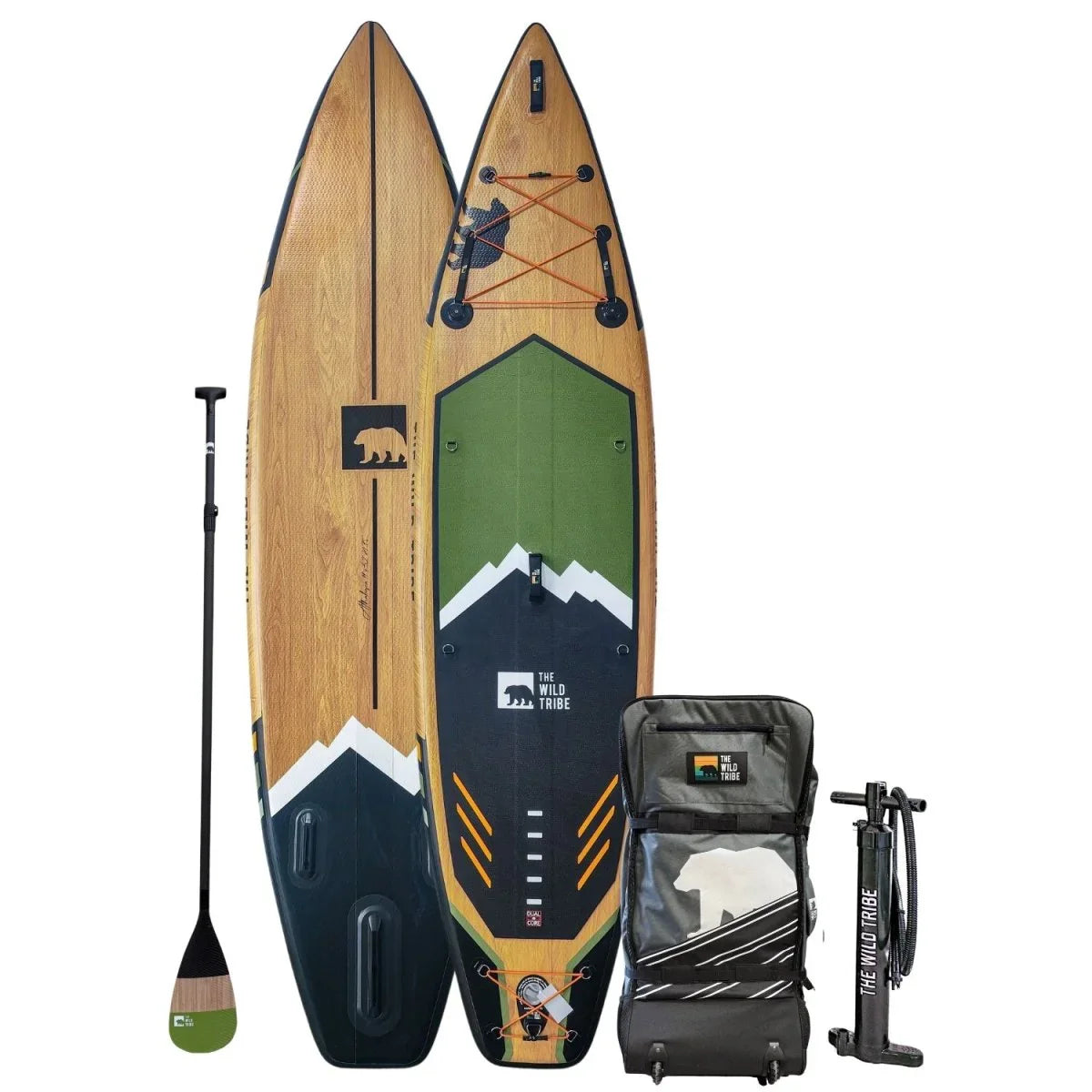 Athabasca 11 green inflatable paddle board set with carbon paddle, wheeled bag, and pump