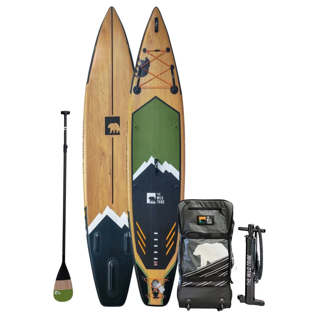Green inflatable paddle board set with hybrid carbon paddle, wheeled bag, and manual pump