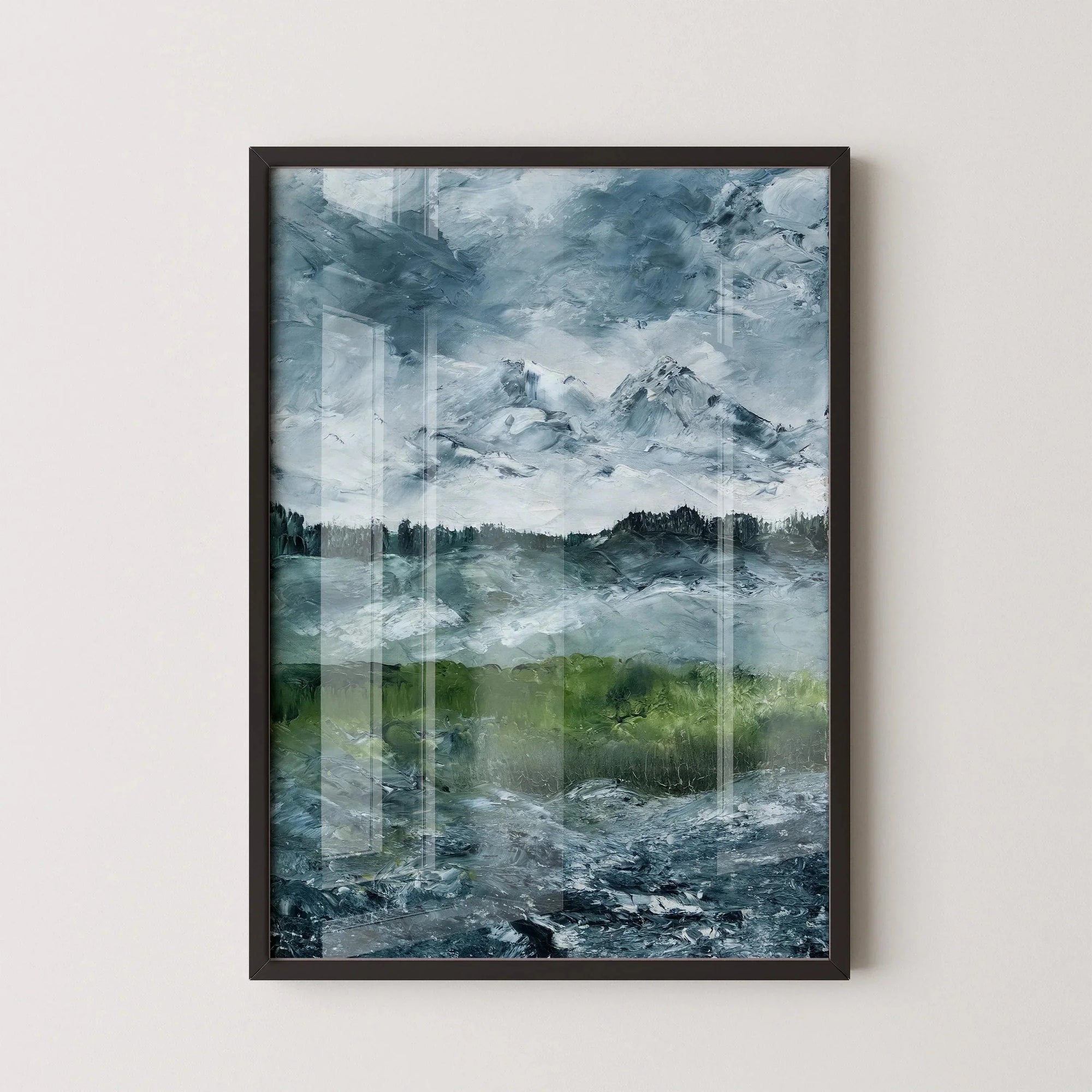 Moody Swedish landscape painting with mountains and green fields in a black frame
